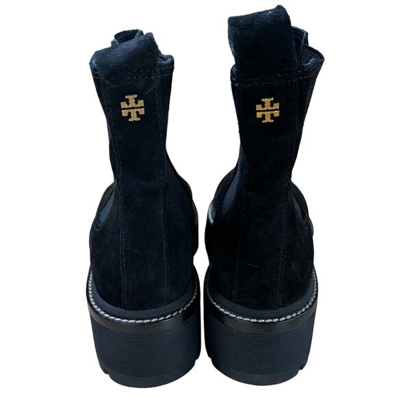 Tory Burch NWOB Chelsea 50mm Lug Suede Black Bootie Size 5M Pull Tab Gold Logo - Picture 4 of 10